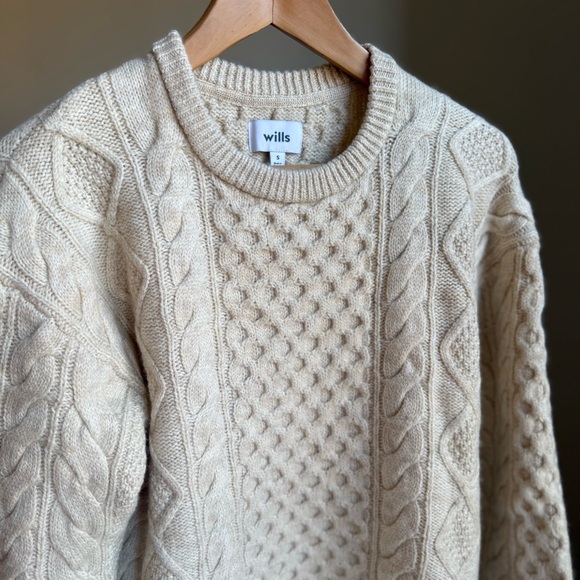 Wills 100% Wool Sweater Size S Cream Beige Cable Knit Men’s - Picture 6 of 15